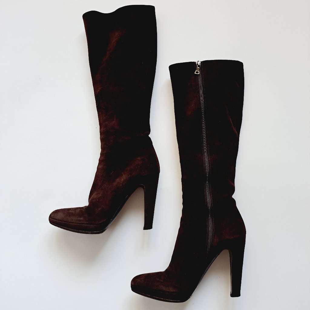 Prada Women's Brown Suede High Heel Boots Size 36.5 / Us 6